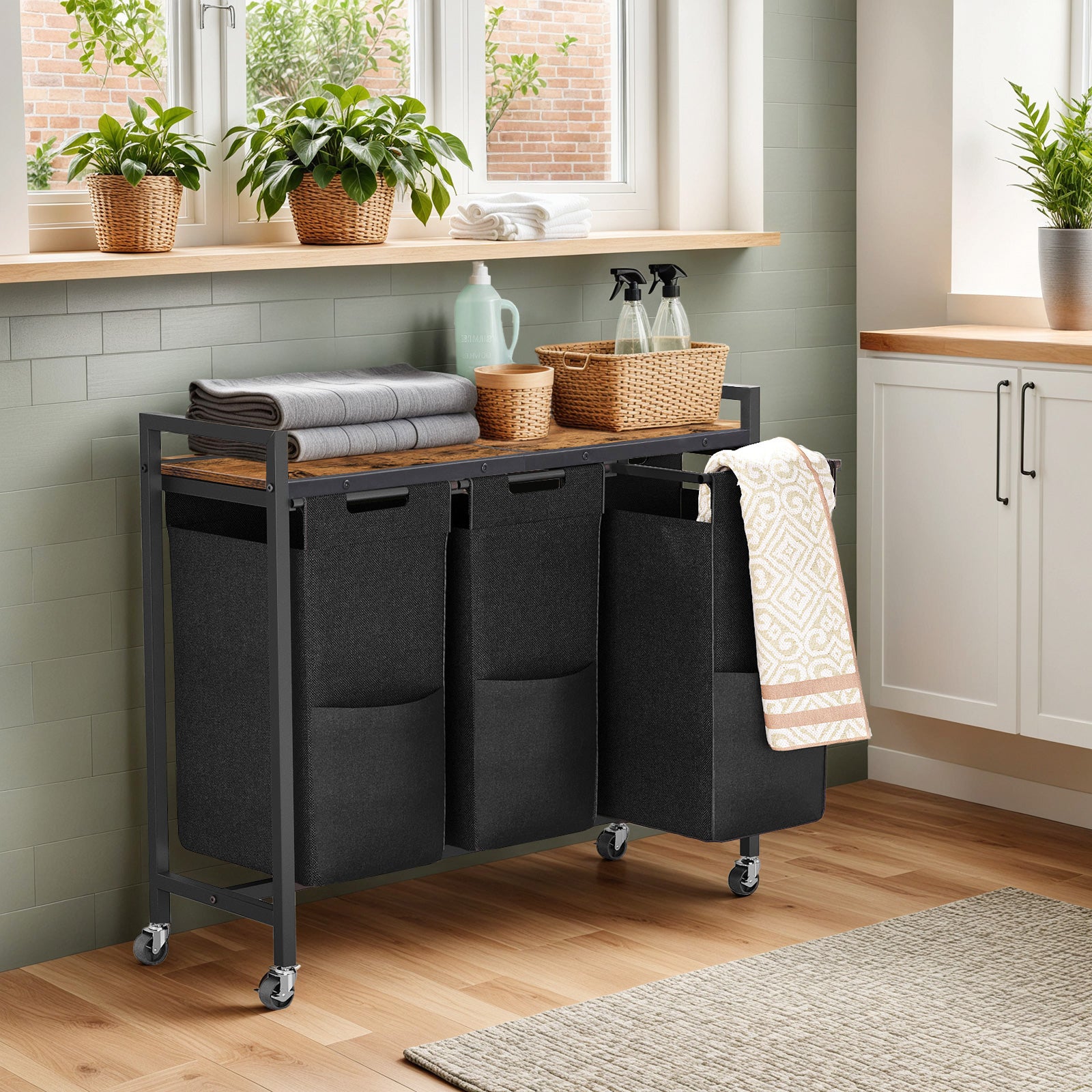 hoobro-43-5-l-panier-linge-3-compartiments-roulettes-marron image 4
