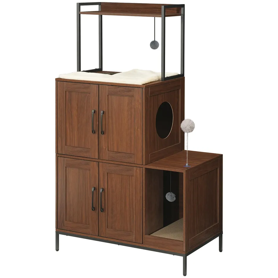 hoobro-pet-furniture-meuble-liti-re-chat-marron-avec-jeux image 1