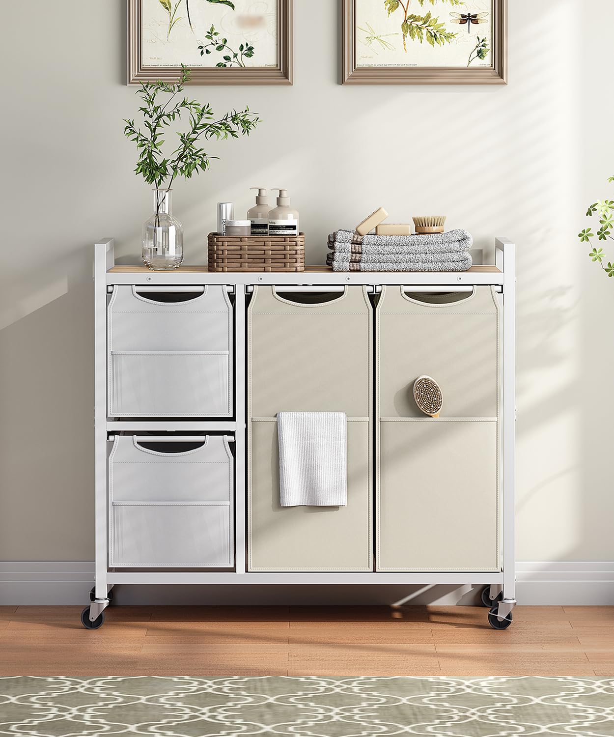 hoobro-panier-linge-4-bacs-blanc-127-l-trieur-roulettes image 8