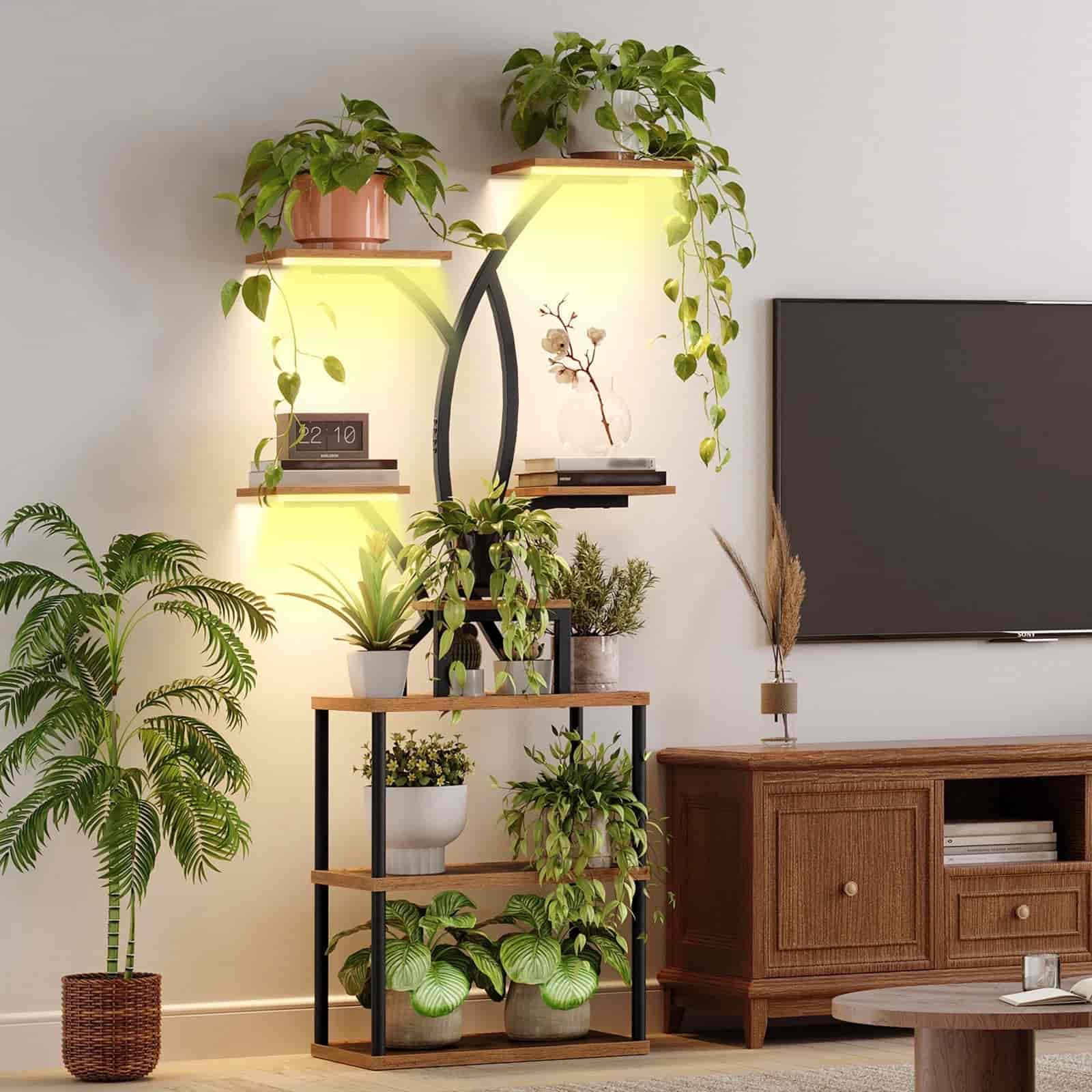 hoobro-storage-racks-porte-plantes-angle-marron-led image 2
