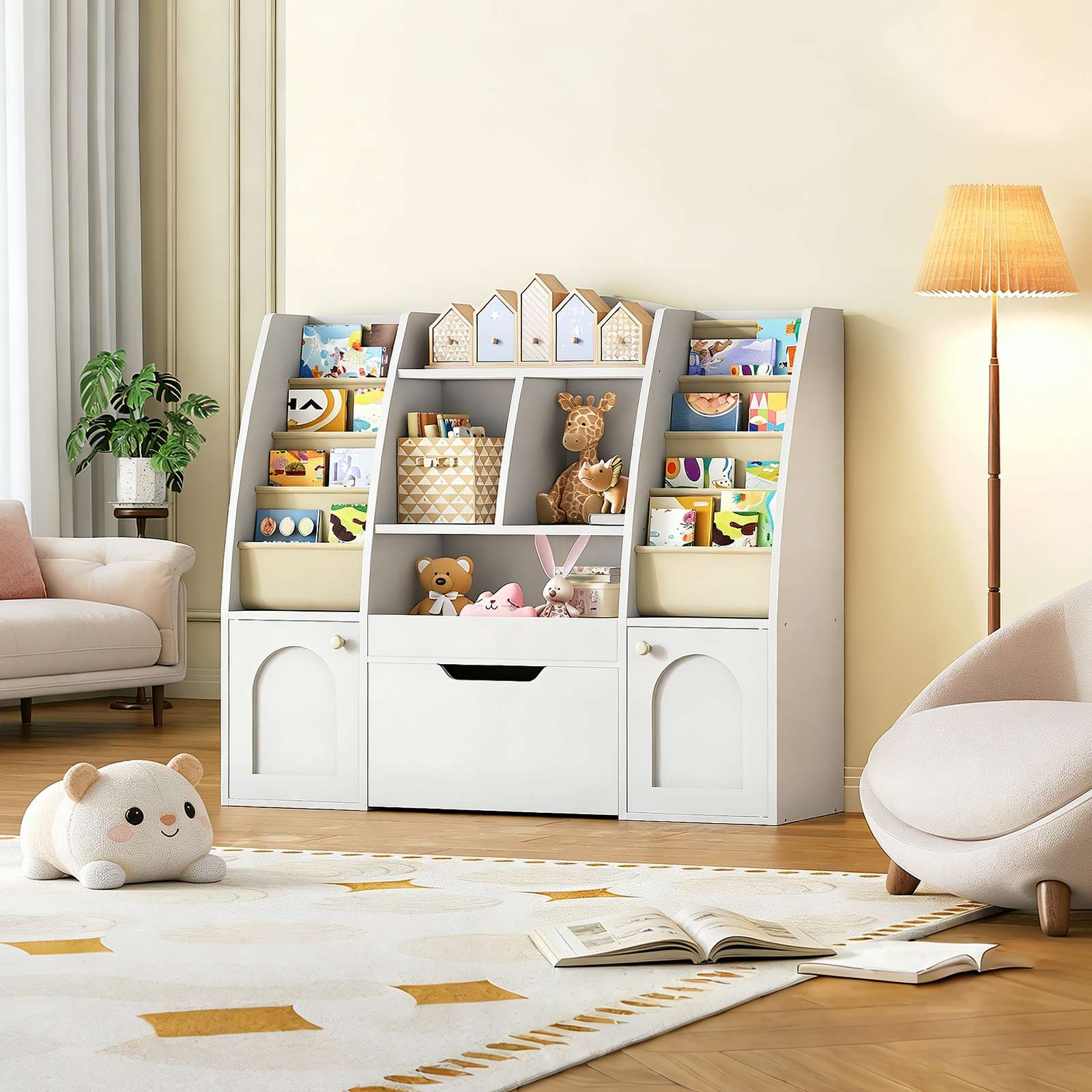 hoobro-biblioth-que-enfant-rangement-jouets-blanc-2-en-1 image 2