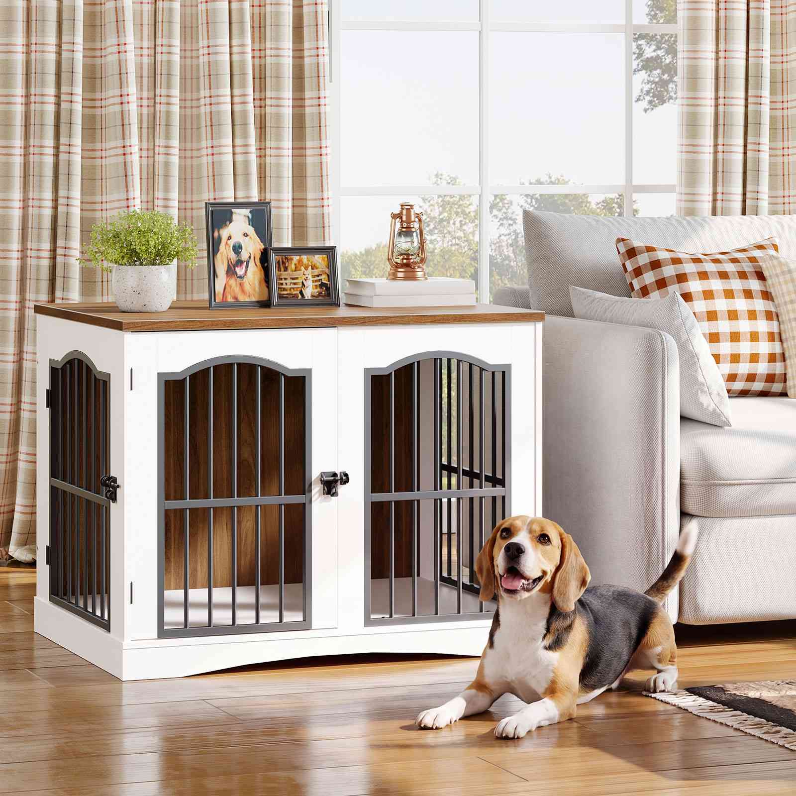 hoobro-cage-chien-meuble-bois-blanc-2-en-1-s-parable image 2