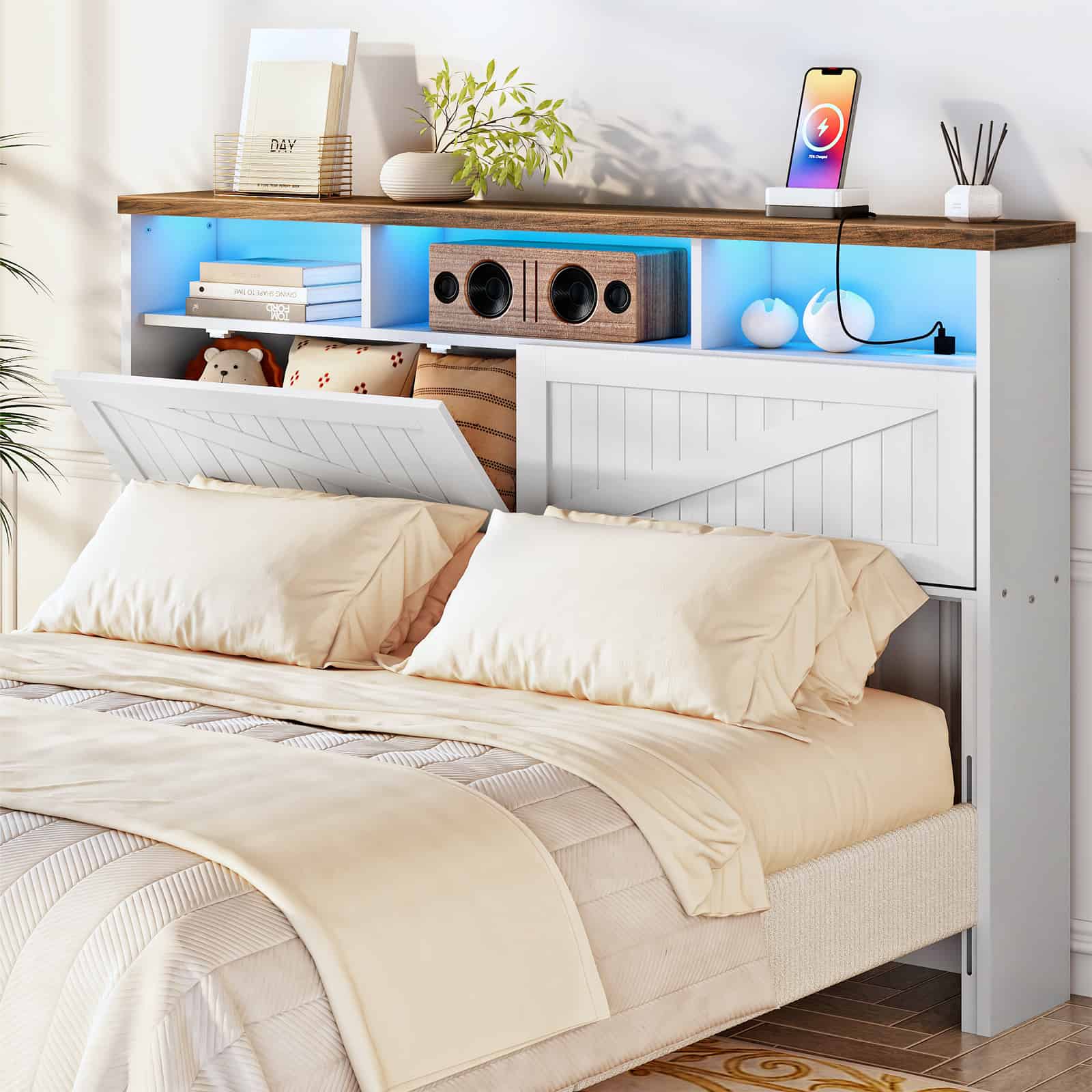 hoobro-t-te-de-lit-blanche-rangement-led-usb-biblioth-que image 2
