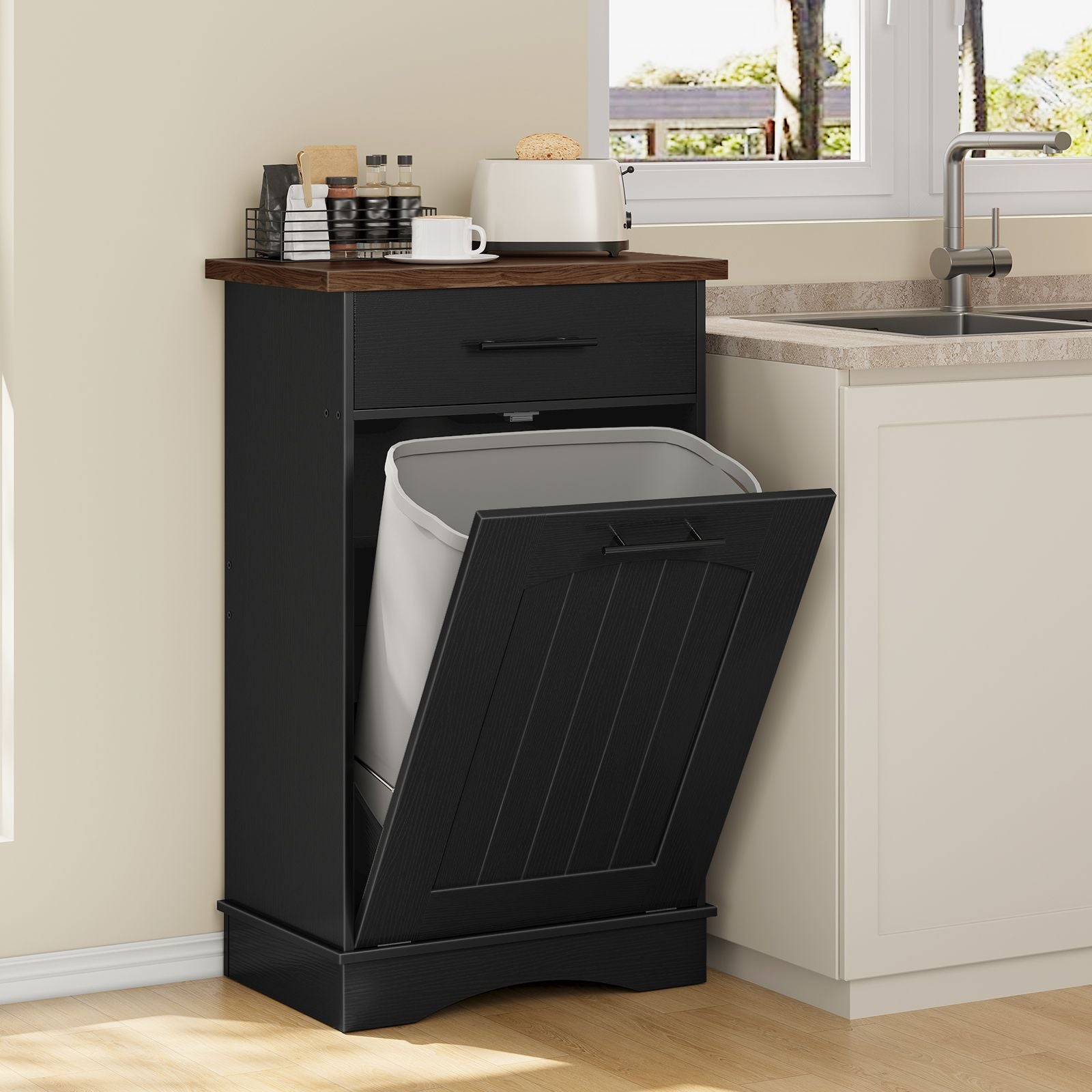 hoobro-panier-linge-bois-noir-basculant-avec-tiroir image 5