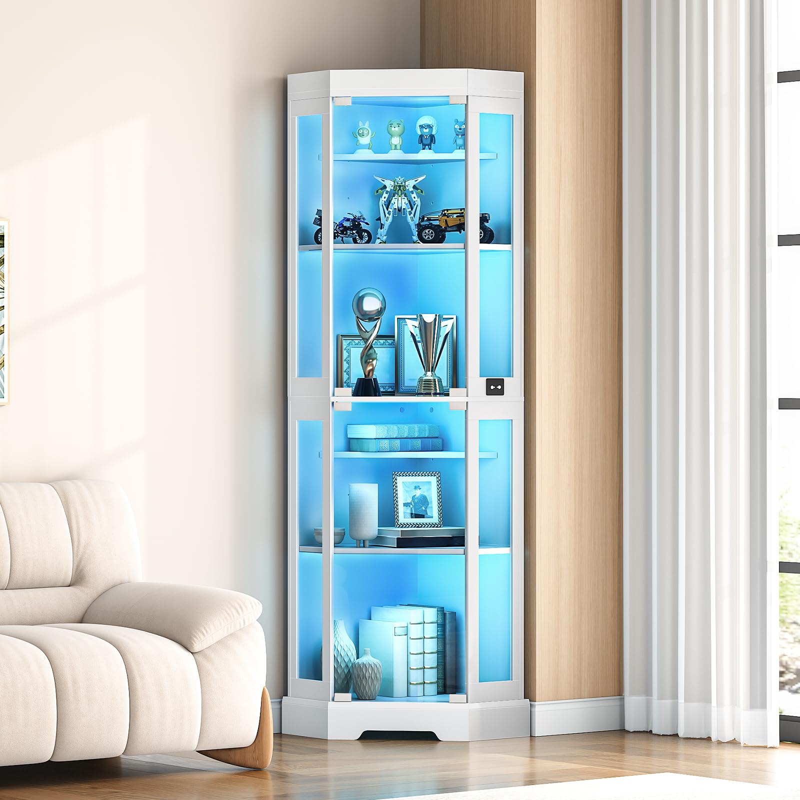 hoobro-bookshelves-vitrine-d-angle-blanche-lumineuse-portes-verre image 5