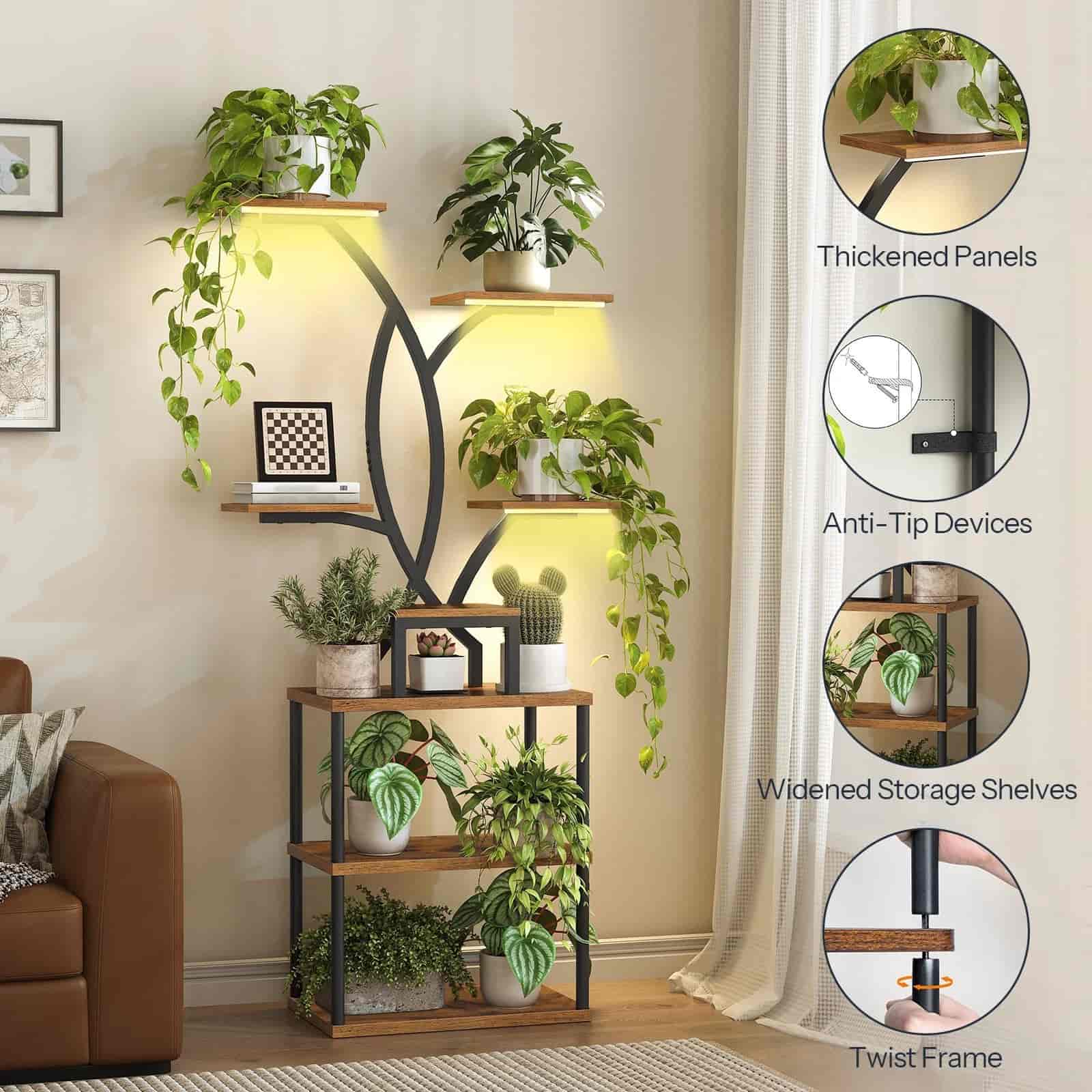 hoobro-storage-racks-porte-plantes-angle-marron-led image 6