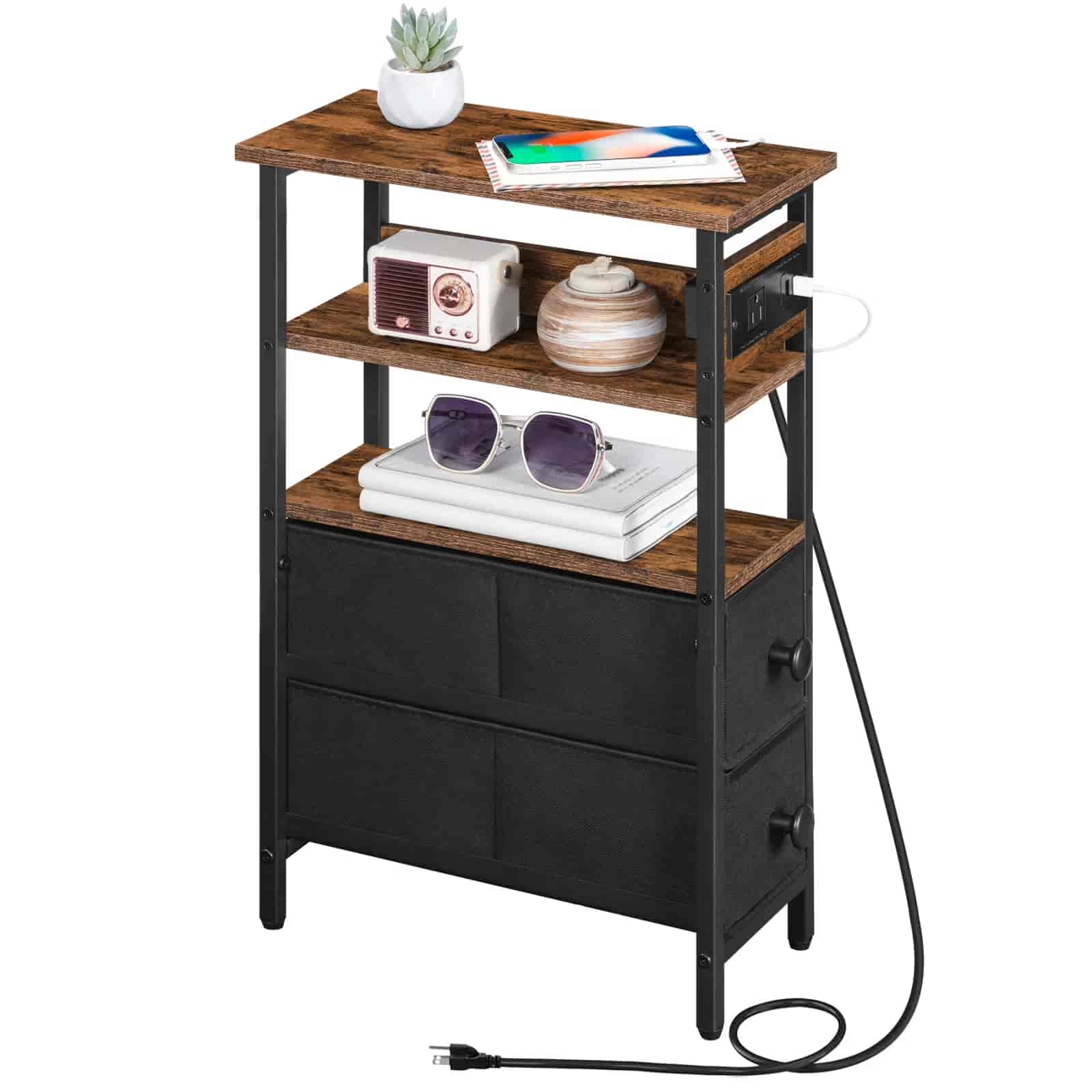 hoobro-side-tables-bout-de-canap-marron-prise-usb-tiroirs image 1