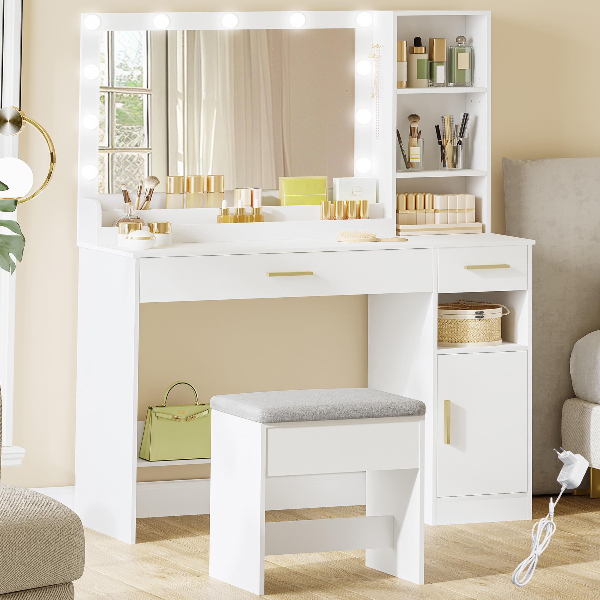 hexcelen-coiffeuse-led-blanche-108-cm-avec-tabouret image 1