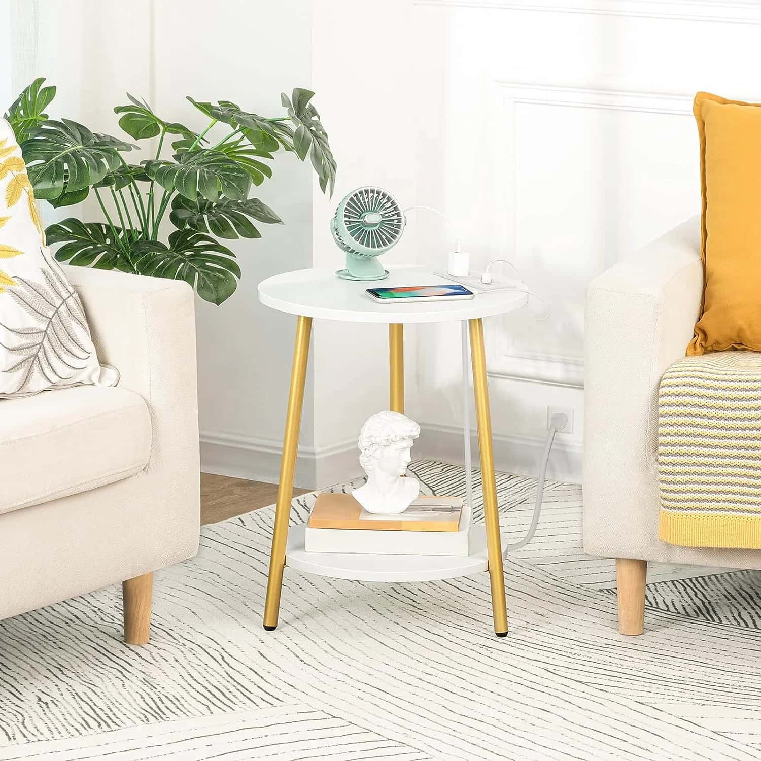 hoobro-table-d-appoint-ronde-2-niveaux-blanche-usb image 5