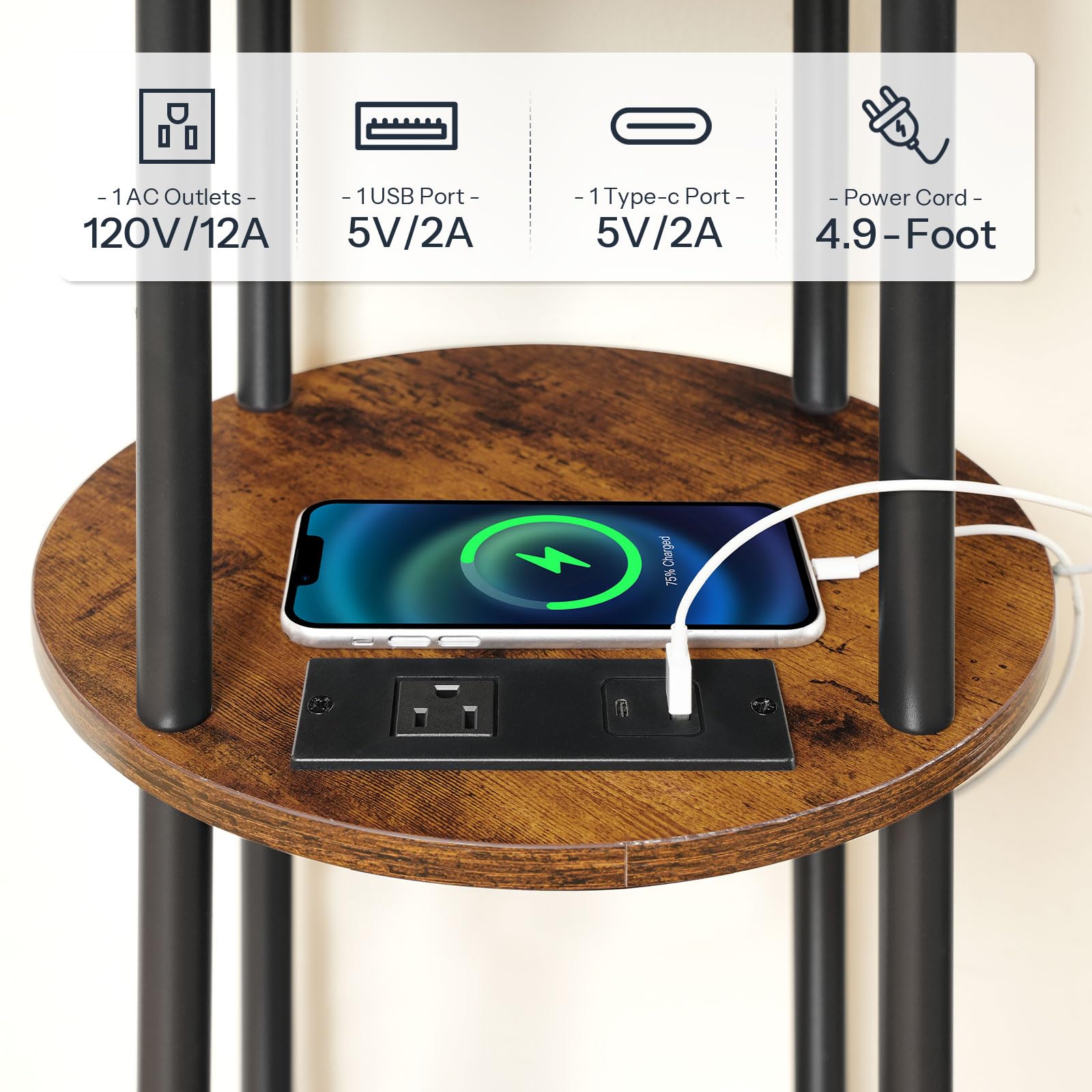 hoobro-table-appoint-ronde-marron-usb-3-niveaux-compacte image 6