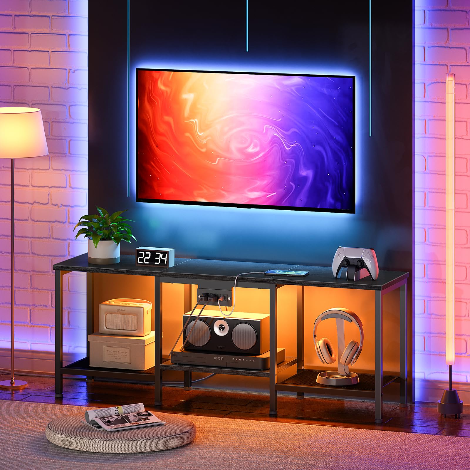 hoobro-meuble-tv-55-pouces-noir-led-avec-prises image 5