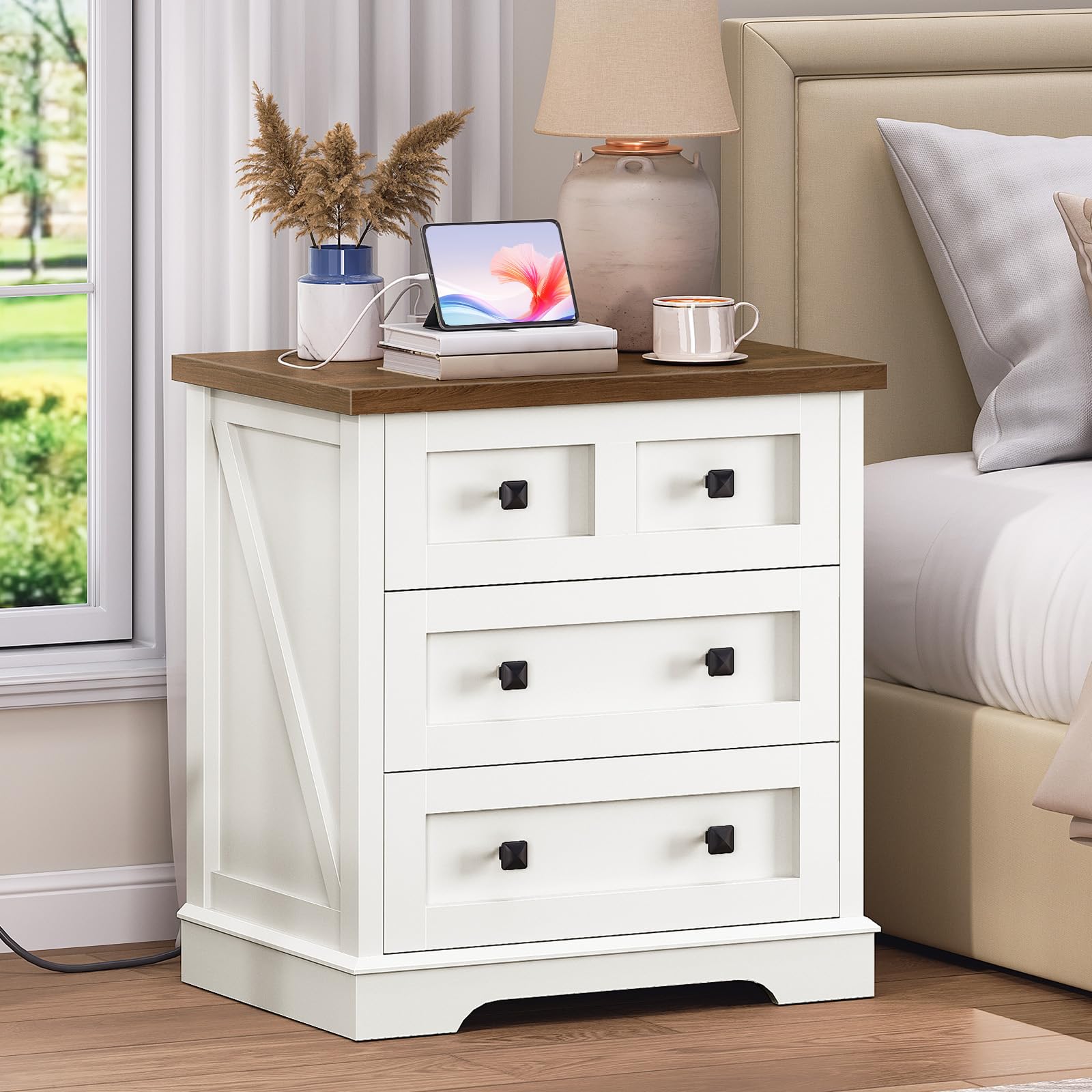 hoobro-nightstands-table-de-chevet-blanche-3-tiroirs-chargeur image 4