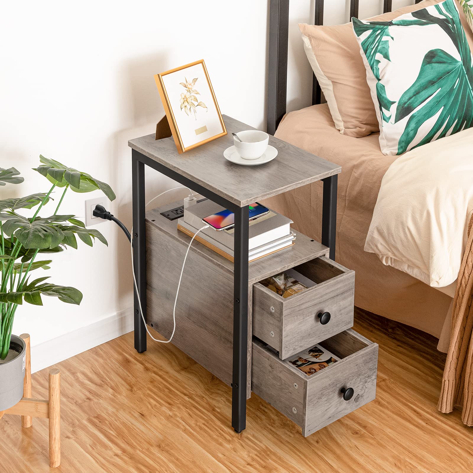 hoobro-side-tables-lot-2-tables-chevet-greige-avec-prise image 4