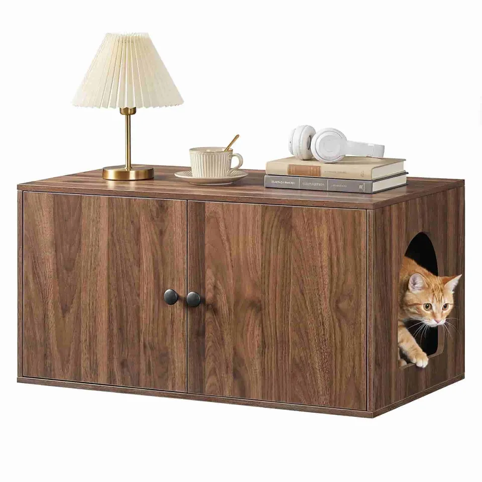 hoobro-meuble-liti-re-chat-bois-marron-banc-cach image 1