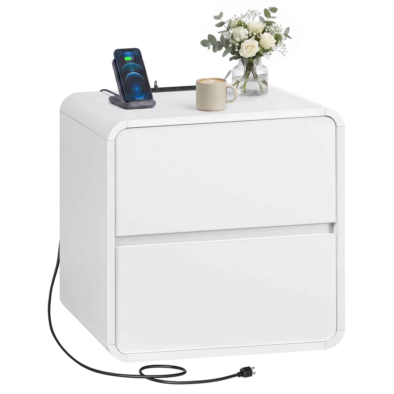 hoobro-nightstands-chevet-blanc-bois-avec-prise-et-tiroirs image 1