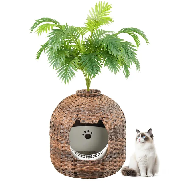 hoobro-pet-furniture-meuble-liti-re-chat-marron-rotin-plante image 1