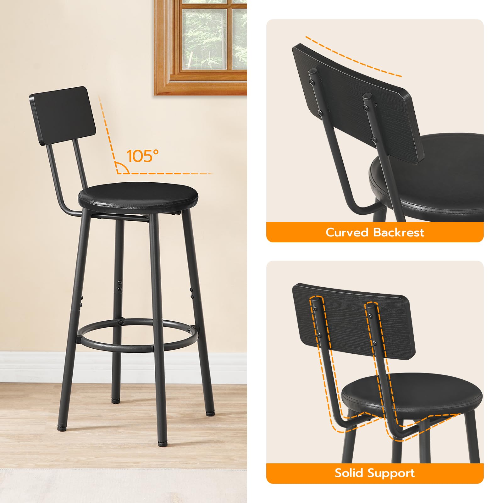 hoobro-bar-stools-tabouret-de-bar-noir-pu-lot-de-2-dossier image 8