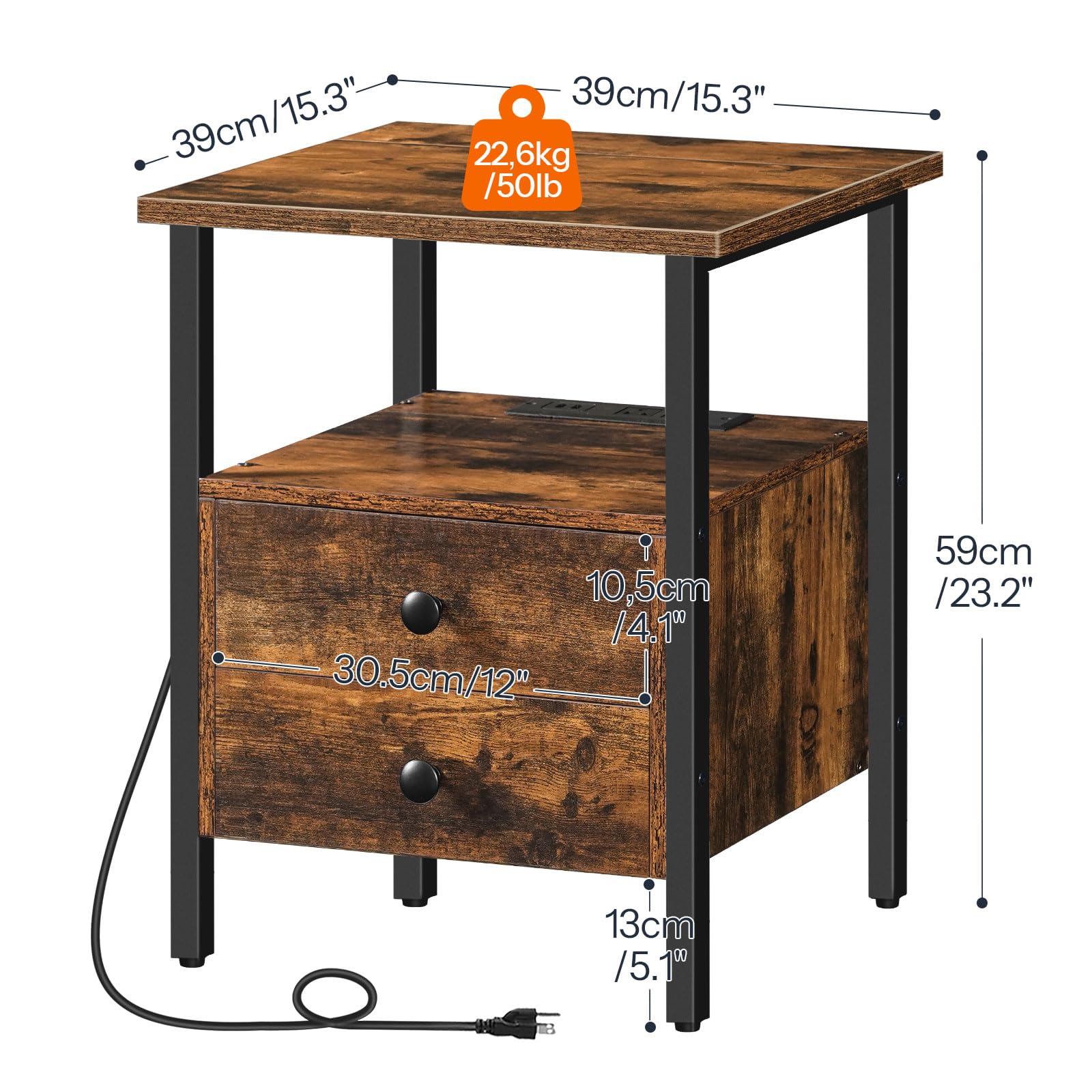 hoobro-lot-2-tables-de-chevet-marron-prise-usb-2-tiroirs image 3