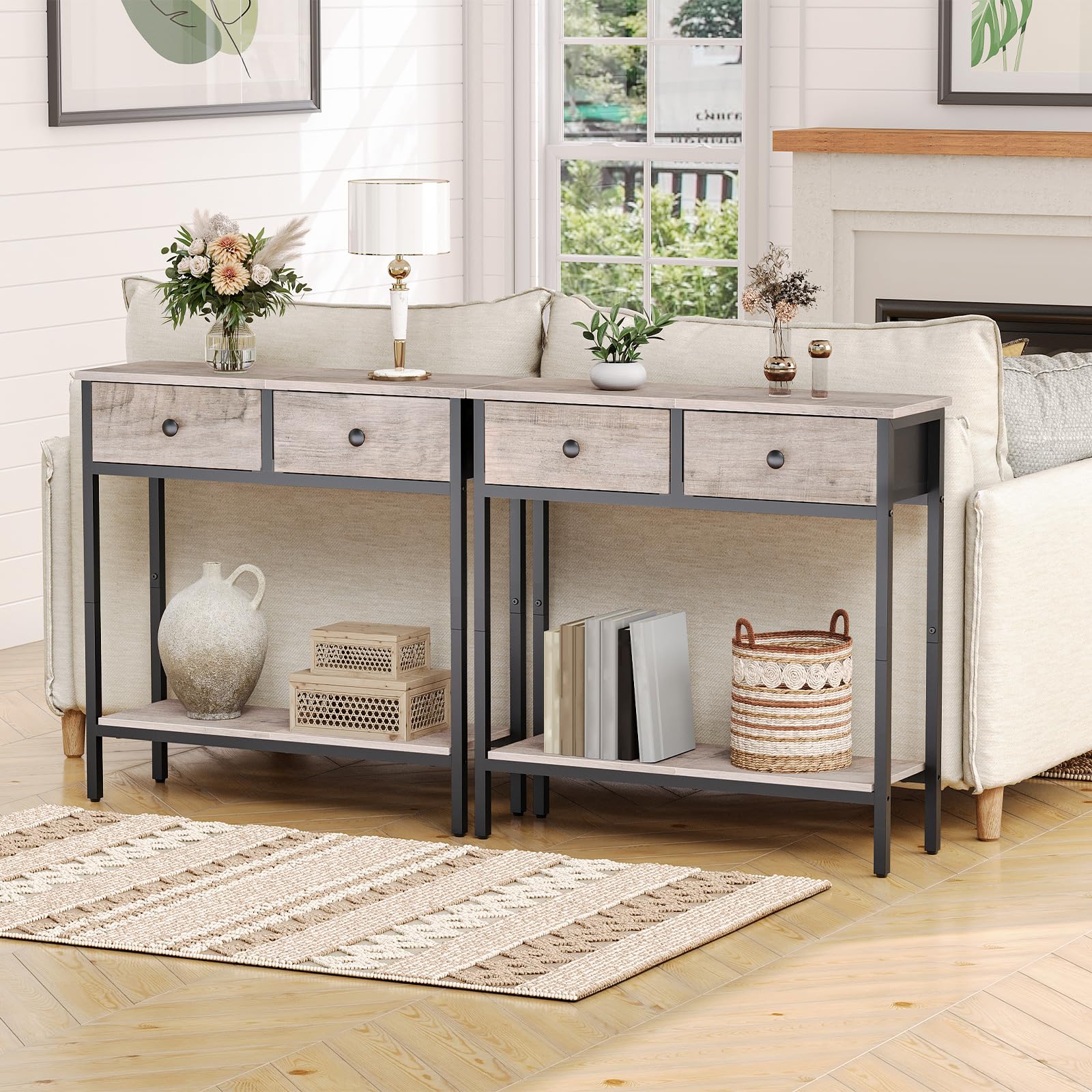 hoobro-console-table-29-5-2-tiroirs-tissu-greige image 2