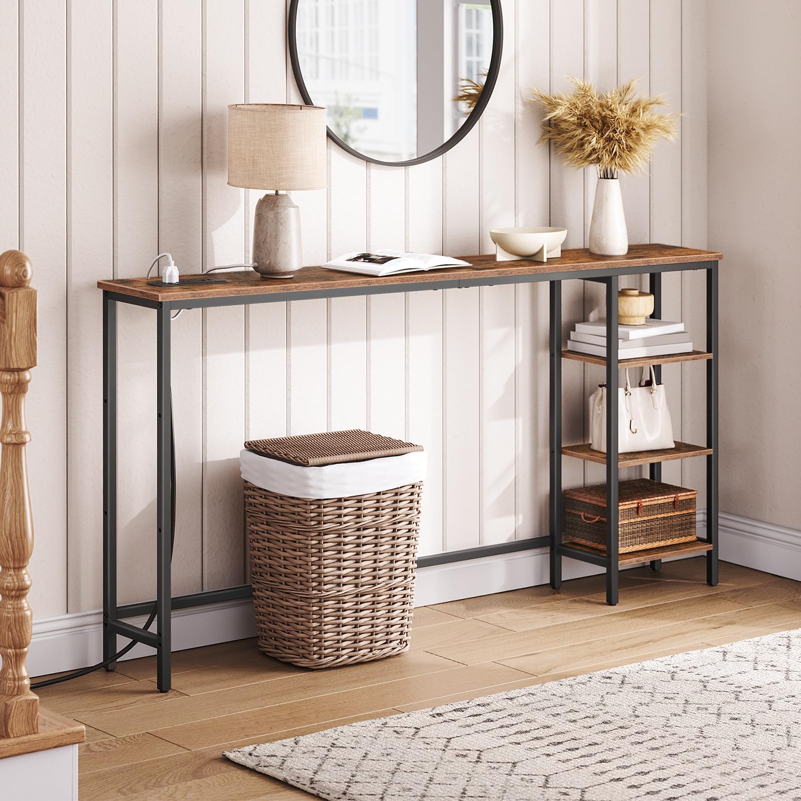 hoobro-console-table-console-marron-160-cm-avec-prises-usb image 2
