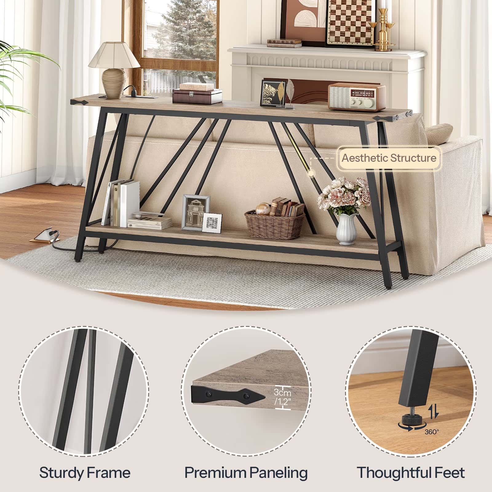 hoobro-console-table-meuble-entr-e-greige-2-niveaux-avec-prise image 6