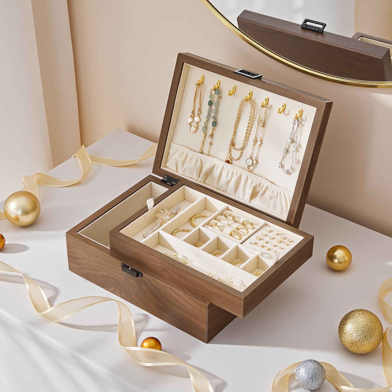 hoobro-jewelry-boxes-bo-te-bijoux-bois-noyer-2-tages-plateau-amovible image 2