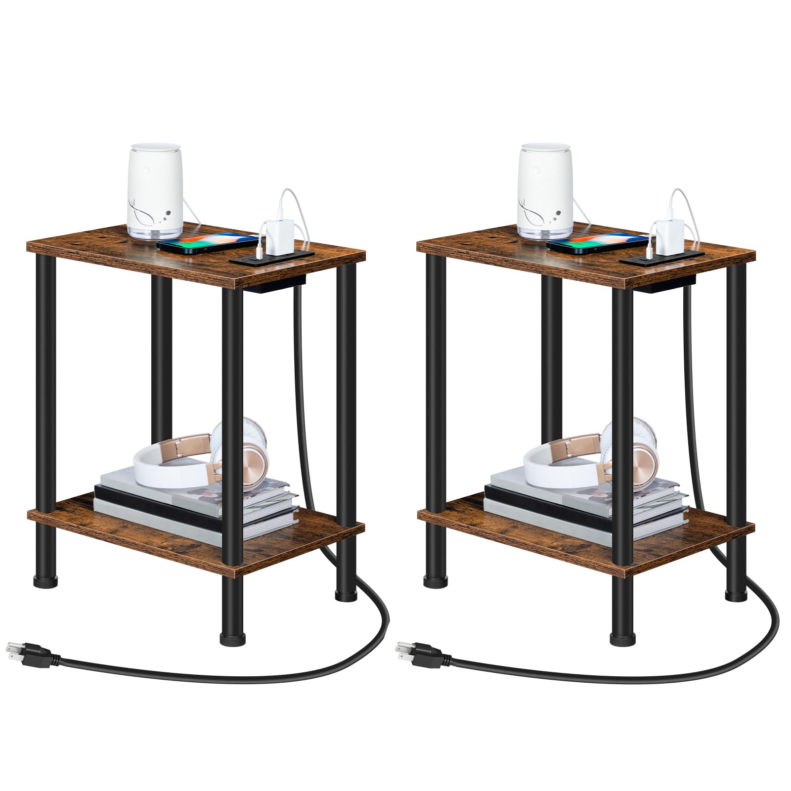 hoobro-side-tables-lot-2-tables-d-appoint-marron-usb image 1