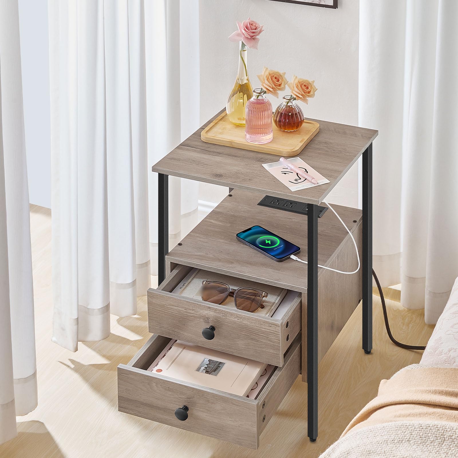 hoobro-table-de-chevet-2-tiroirs-greige-avec-prises-usb image 2