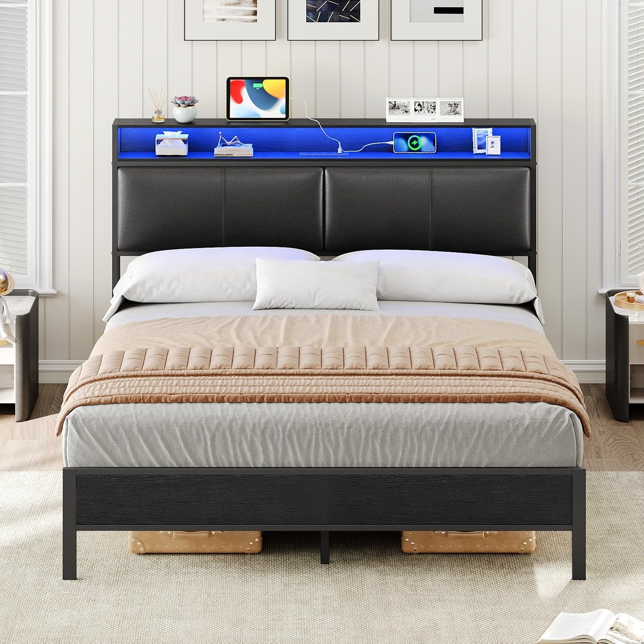 hoobro-bed-frames-lit-double-noir-140x190-led-t-te-rangement image 2
