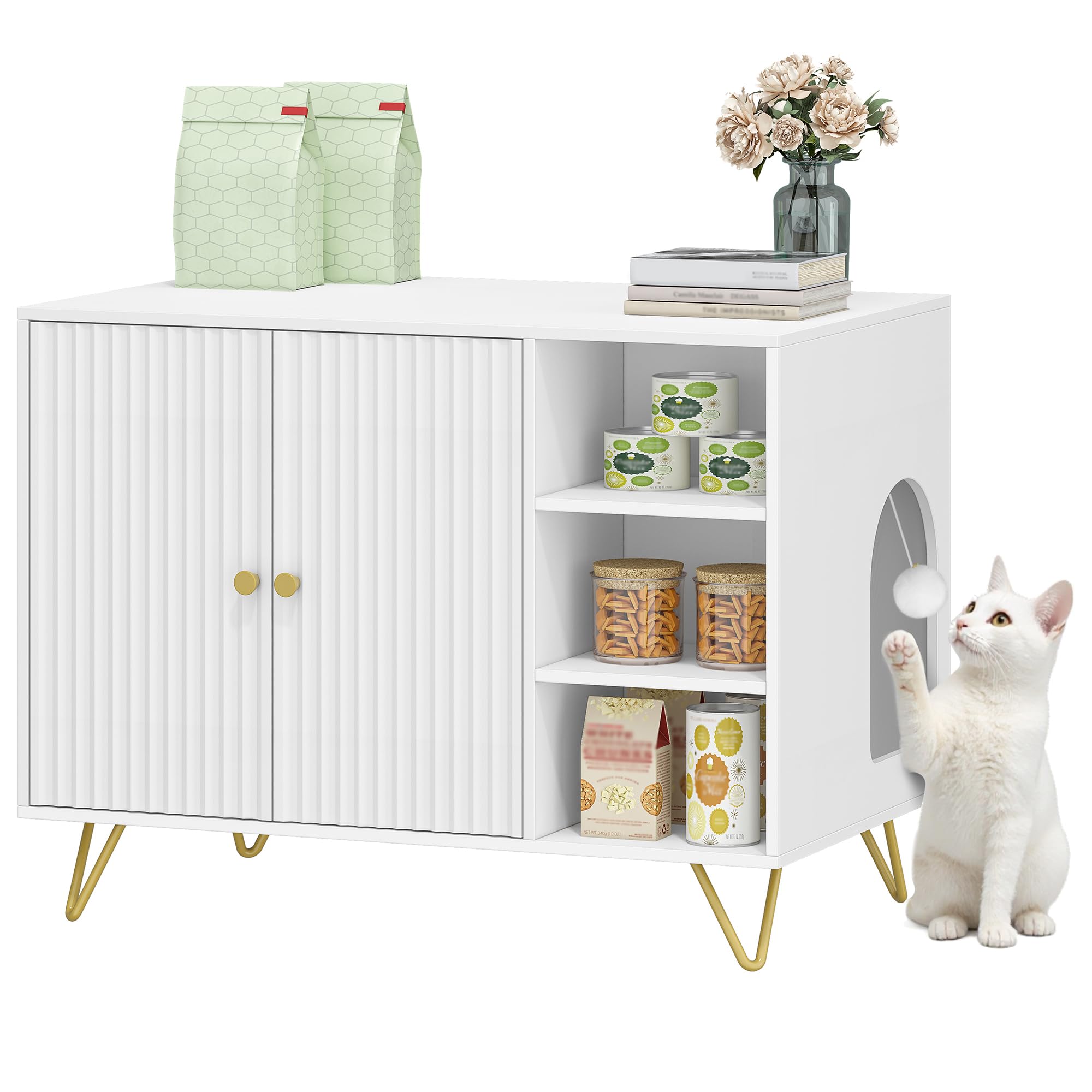 hexcelen-biblioth-ques-meuble-liti-re-chat-blanc-dor-80-cm image 1
