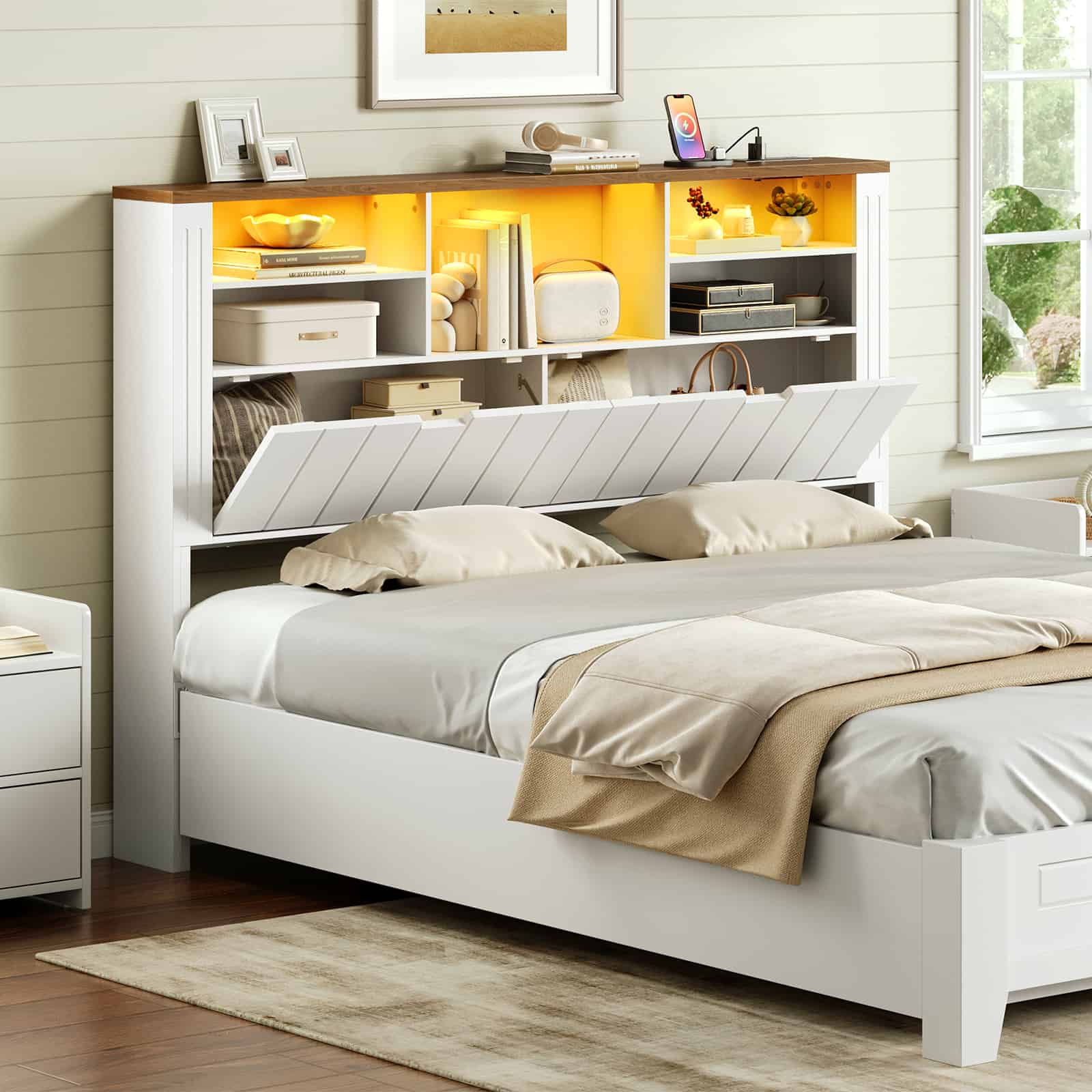 hoobro-t-te-de-lit-rangement-blanche-led-usb image 2