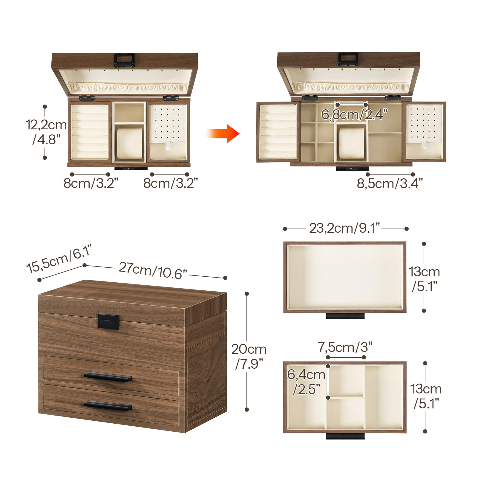 hoobro-jewelry-boxes-4-tiroirs-bo-te-bijoux-noyer image 4