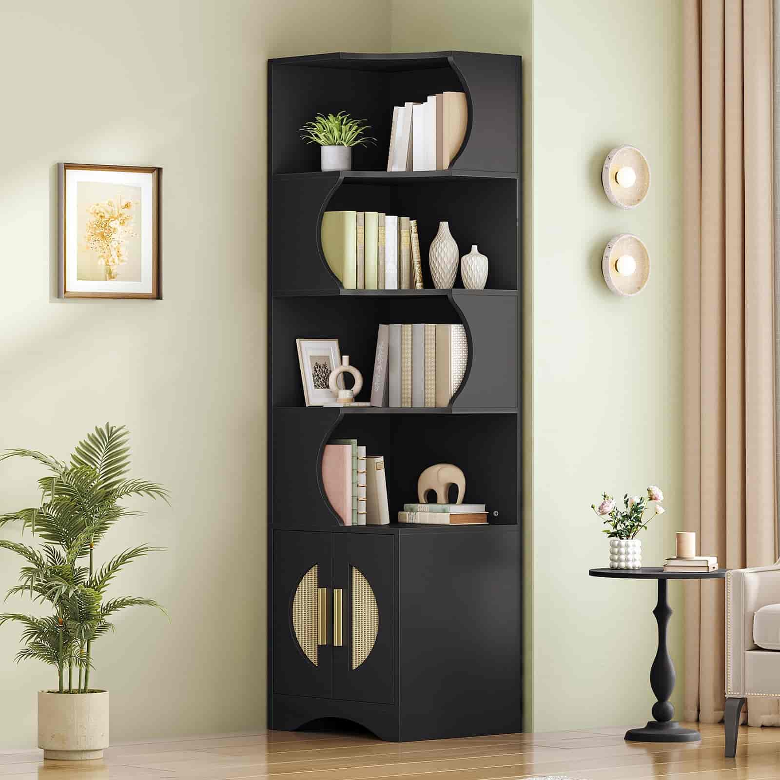 hoobro-bookshelves-biblioth-que-d-angle-noire-180-cm-porte-tiss-e image 2