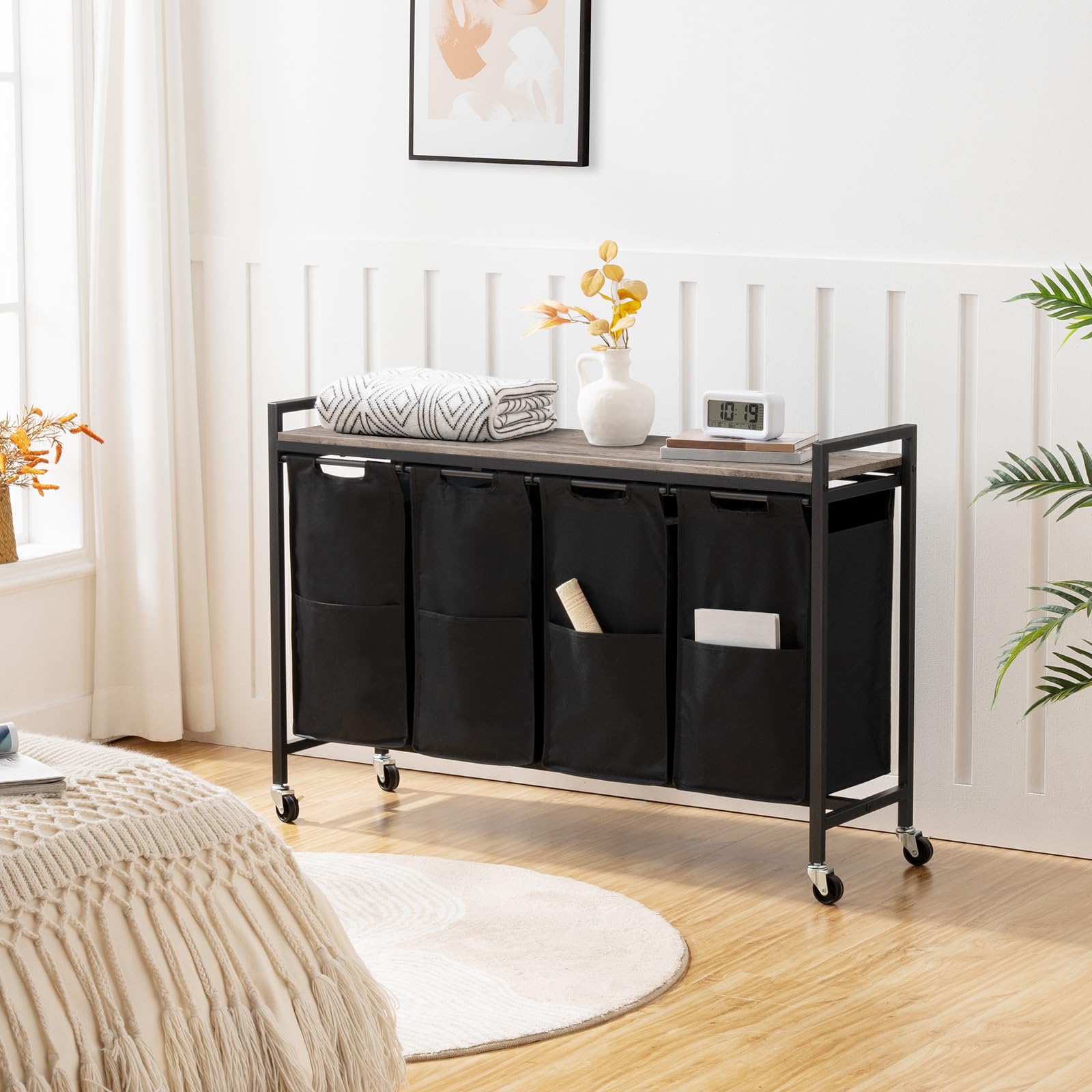 hoobro-panier-linge-trieur-4-bacs-greige-160-l-roulettes image 6