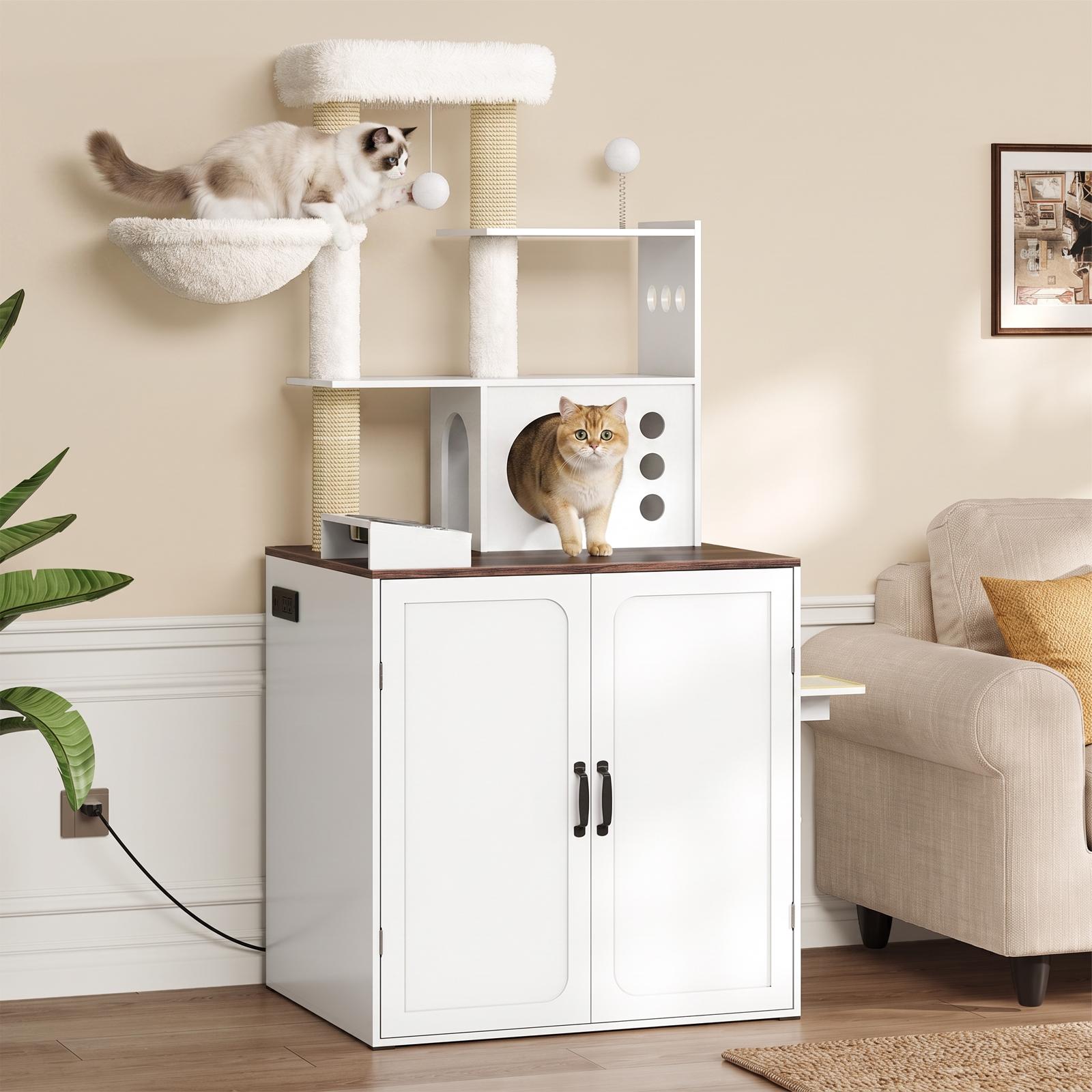 hoobro-pet-furniture-arbre-chat-blanc-cache-liti-re-avec-prise image 2