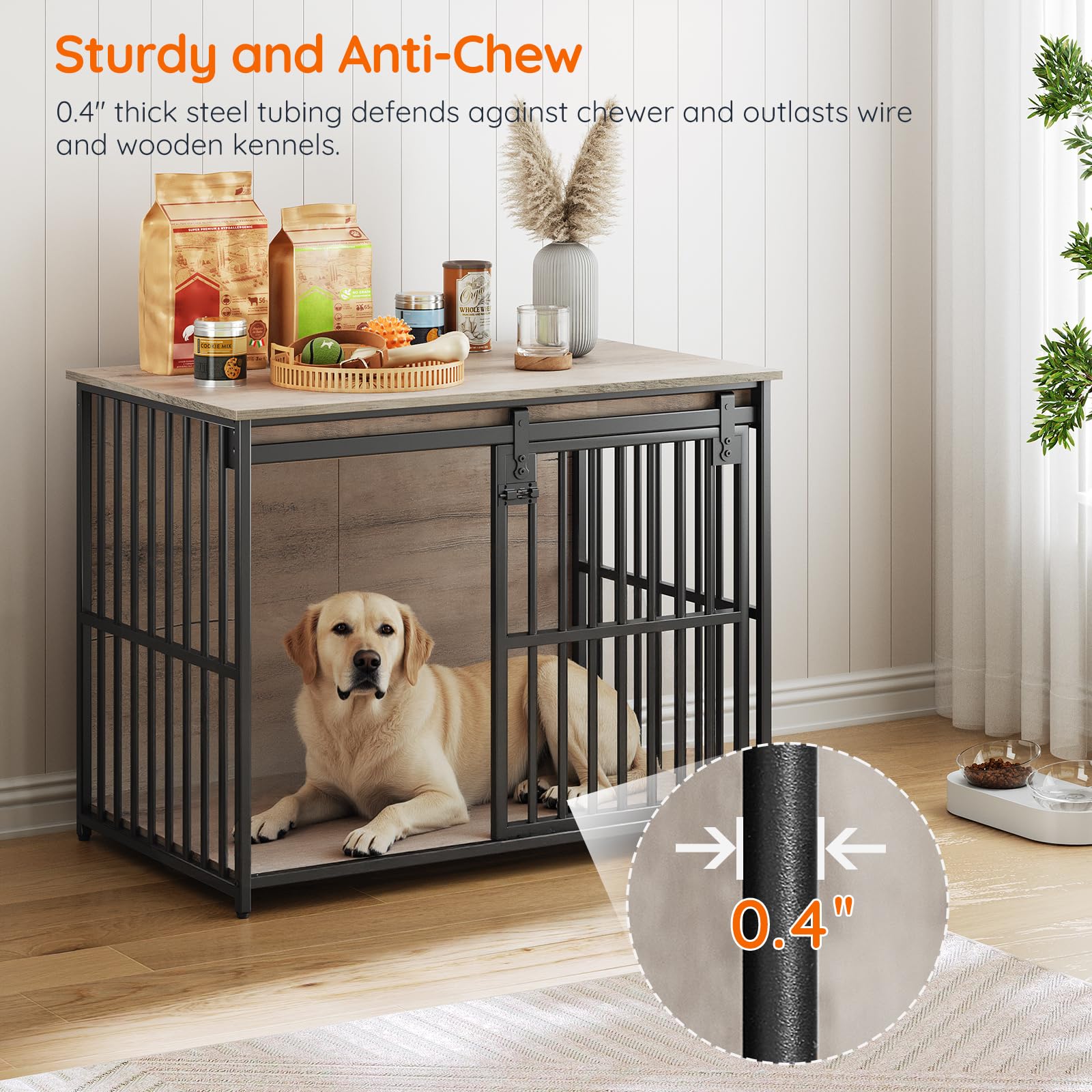 hoobro-cage-chien-bois-gris-porte-coulissante-niche-int-rieure image 7
