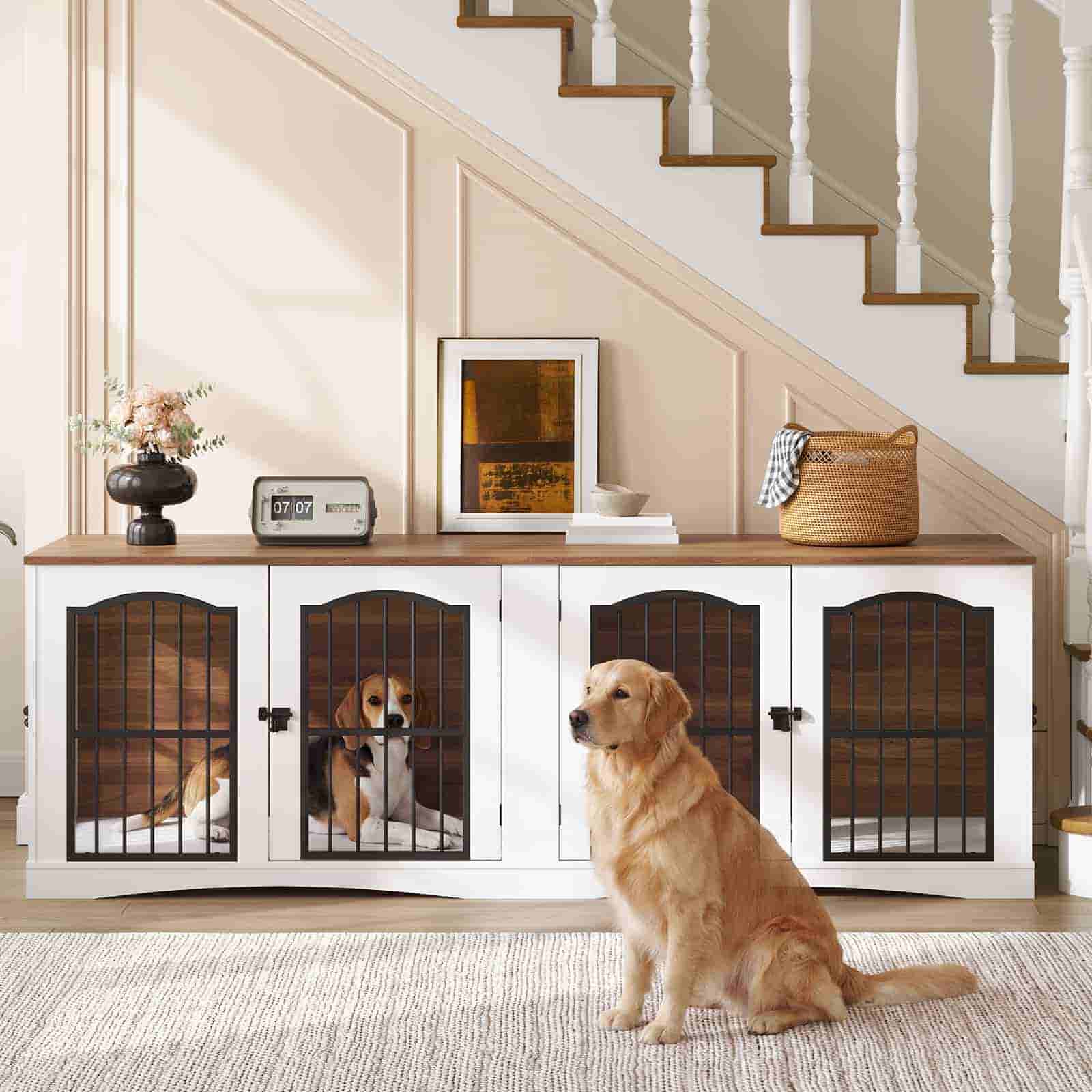 hoobro-pet-furniture-niche-chien-bois-blanche-double-avec-s-parateur image 2