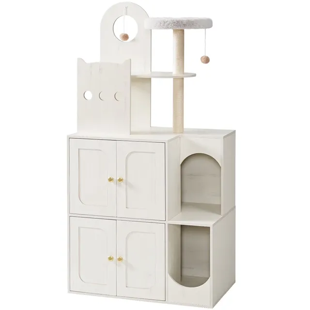 hoobro-pet-furniture-arbre-chat-blanc-cache-liti-re-double image 1