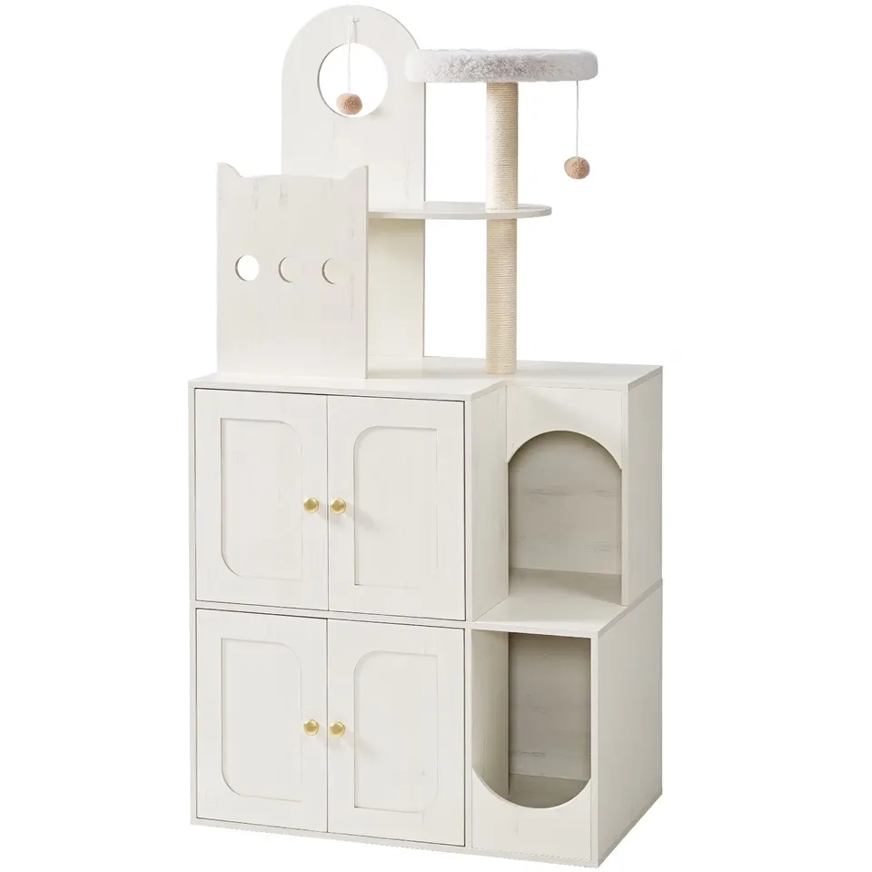 hoobro-pet-furniture-arbre-chat-blanc-cache-liti-re-double image 1