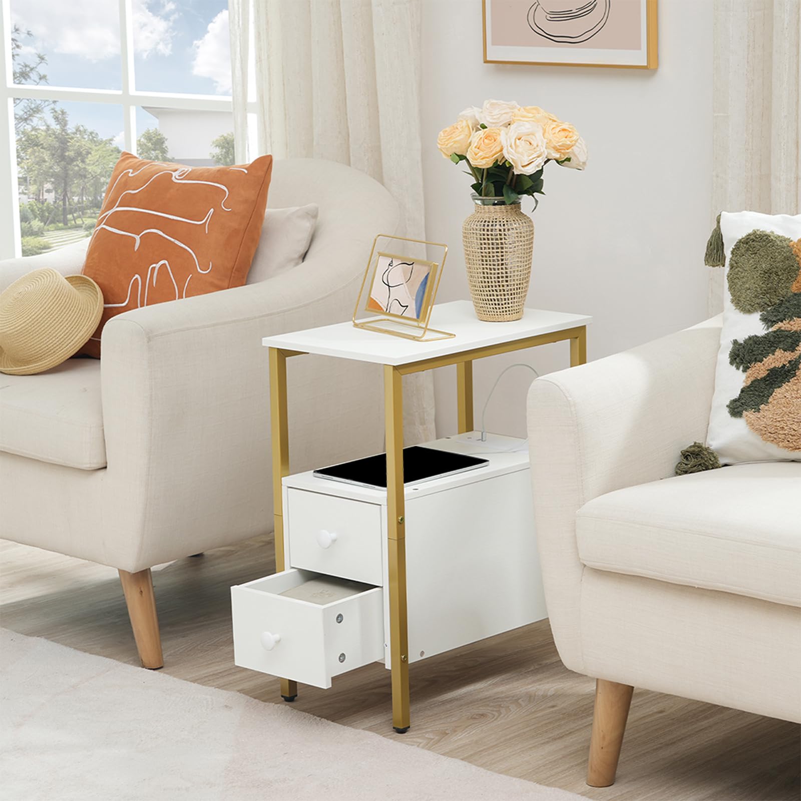 hoobro-side-tables-table-appoint-blanche-2-tiroirs-usb-dw541bz01 image 5