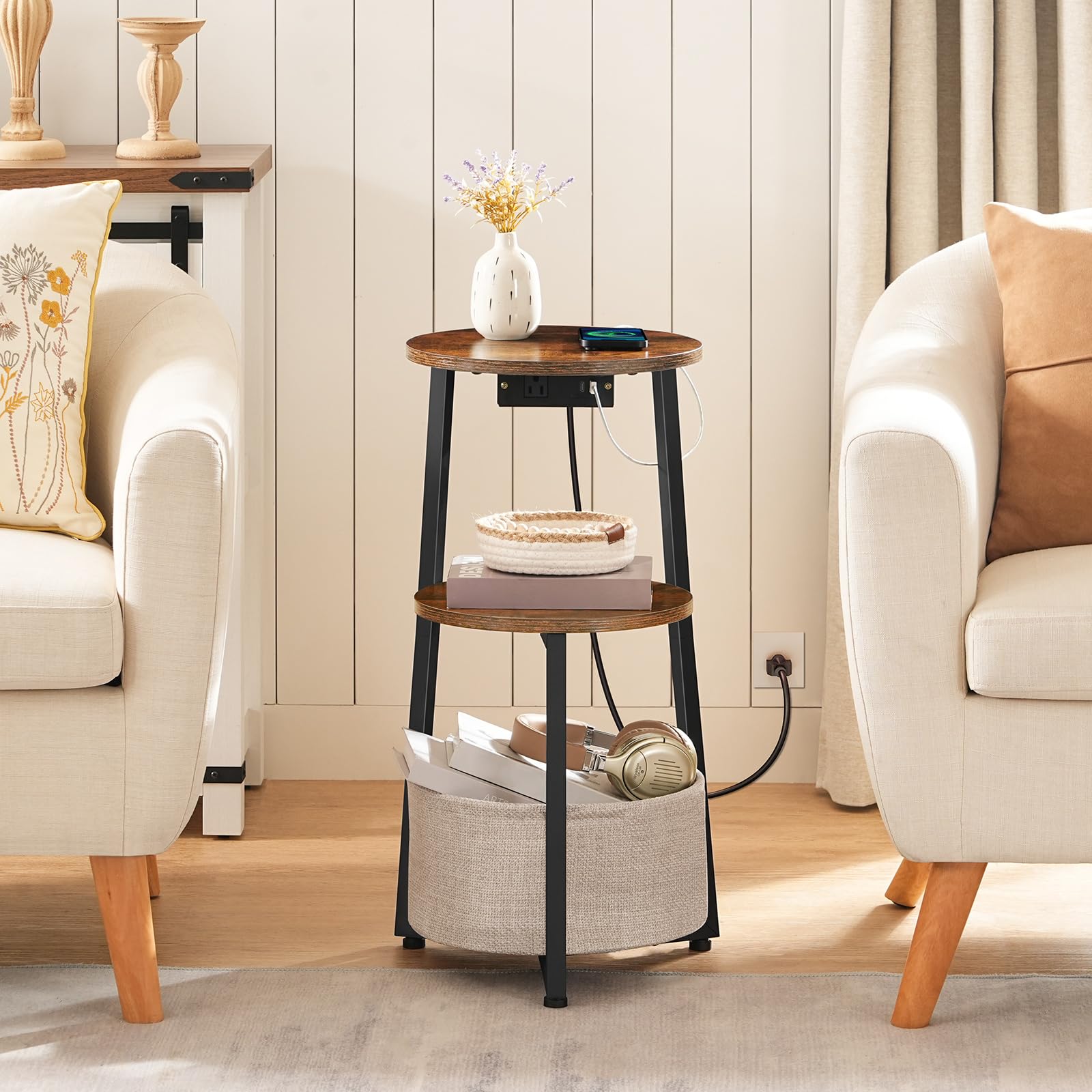hoobro-side-tables-table-ronde-panier-marron-avec-prise image 5