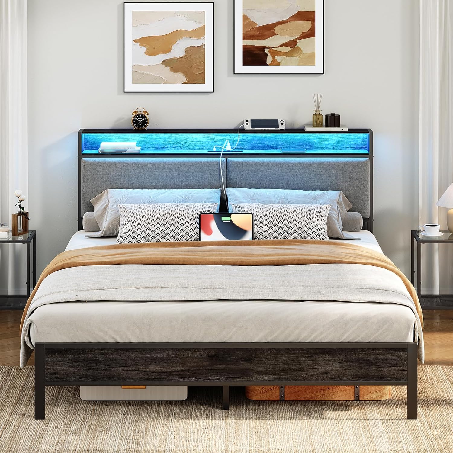 hoobro-bed-frames-cadre-de-lit-queen-gris-avec-led-et-usb image 2